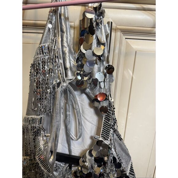 Women's Embellished Sequin Open Back Halter Sleeveless Beyonce Dress Silver XS - Picture 7 of 9